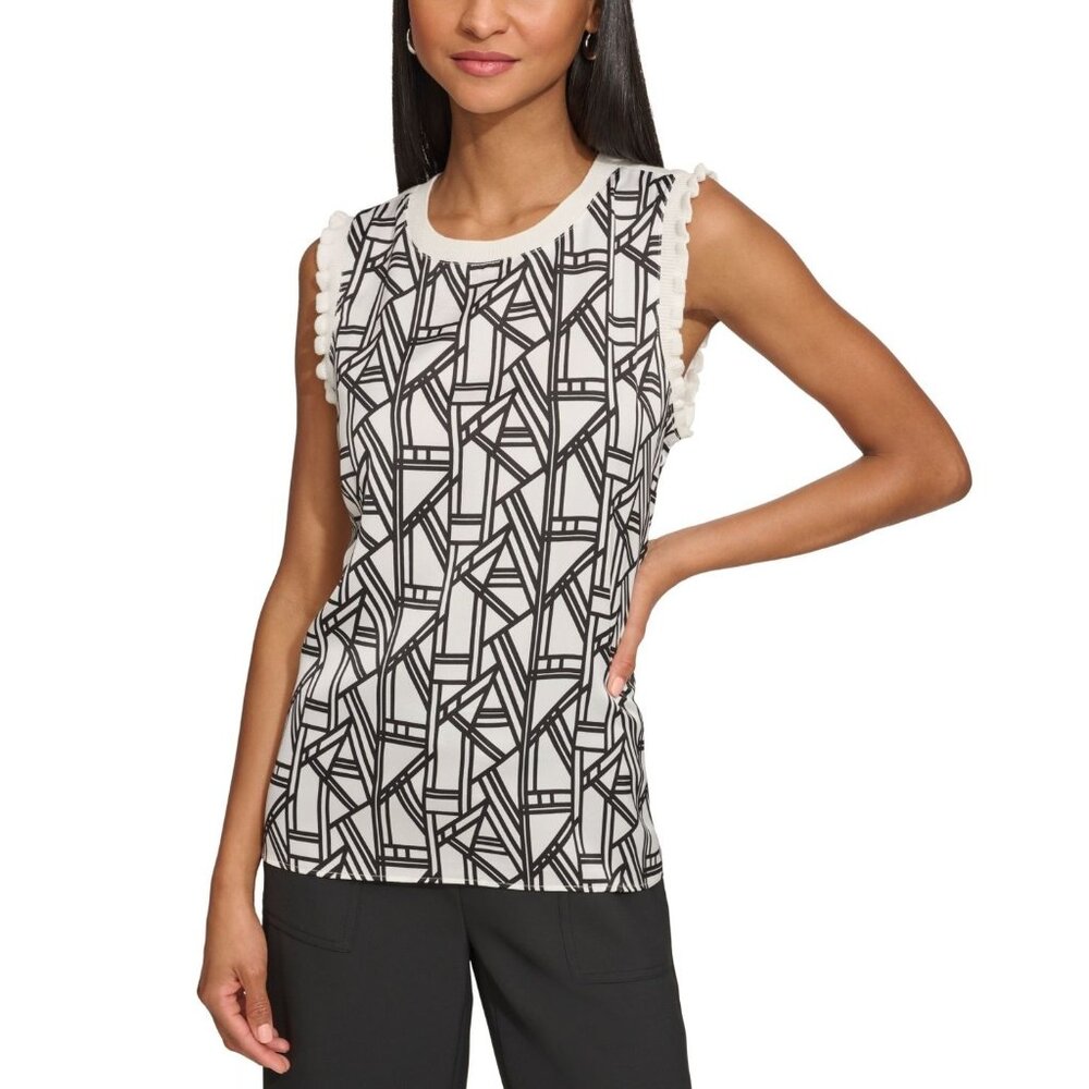 Karl Lagerfeld Paris Women's Geometric-Print Mixed-Media Ruffle-Trim Sweater - S